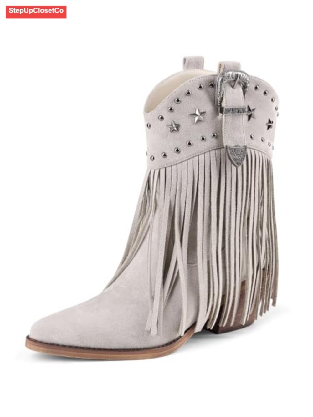 Women's Western Fringe Ankle Boots Pointed Toe Star Studs Chunky Heel Pull On